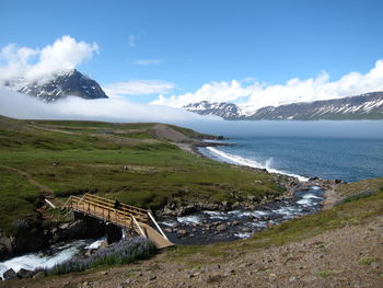 Scenic view of mountains against cloudy sky