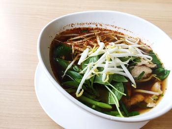 High angle view of soup in bowl on table