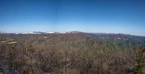 Scenic view of mountains against clear blue sky