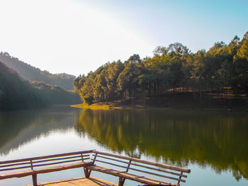 Scenic view of lake by trees against sky