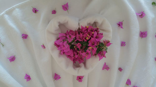 Directly above view of pink bougainvilleas with heart shape towel on bed