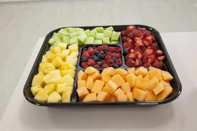 High angle view of fruits in plate on table