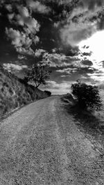 Road amidst trees on field against sky