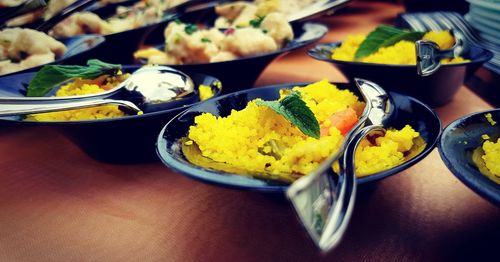 High angle view of food served on table