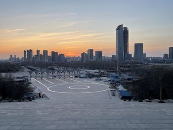 View of buildings in city at sunrise.yinchuan china 