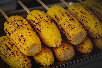 High angle view of roasted sweetcorns on table