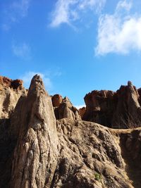 Low angle view of rock formation against sky