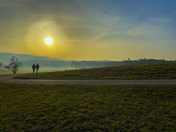 The sun is shining on a path just before sunset on a nice winter evening near zurich.