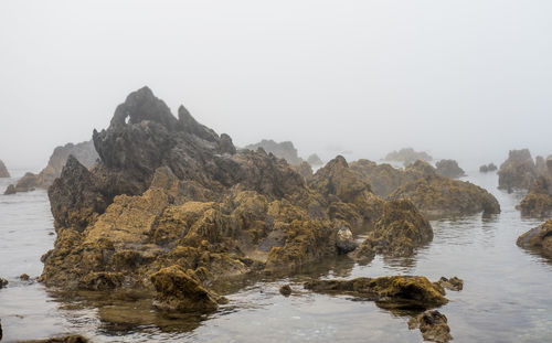 Scenic view of sea and rocks against clear sky