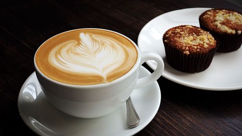 High angle view of cappuccino on table