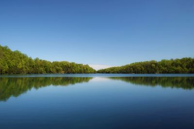 Scenic view of lake against clear blue sky