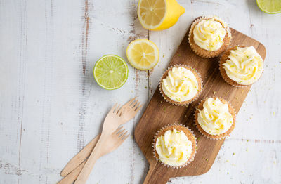 High angle view of cupcakes on table