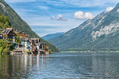 Scenic view of lake and mountains against sky