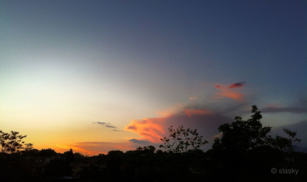 sunset, silhouette, tree, sky, scenics, beauty in nature, tranquil scene, tranquility, orange color, nature, idyllic, cloud - sky, dusk, low angle view, outdoors, landscape, no people, cloud, dramatic sky, copy space