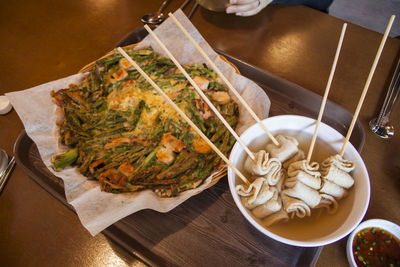 High angle view of meal served on table