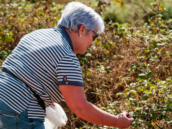 Senior woman harvesting berry fruits