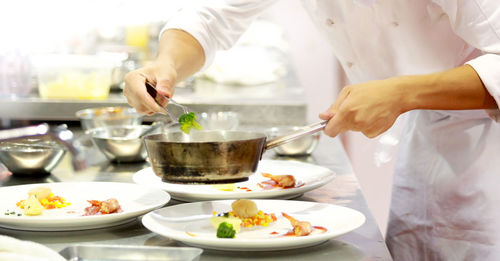 Cropped image of chef styling food in plate