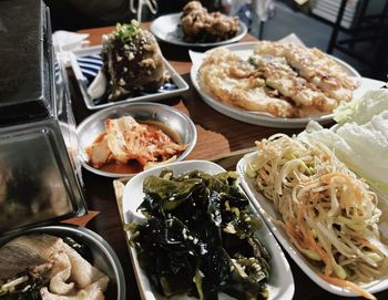 High angle view of food in plate on table
