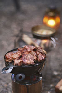 Meat dishes cooked at the campsite