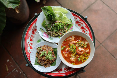 High angle view of food served on table