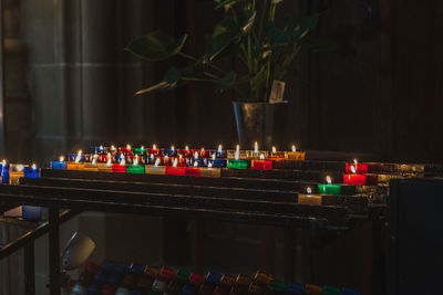 Multi colored lights on table at night