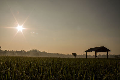 Scenic view of farm against sky during sunset