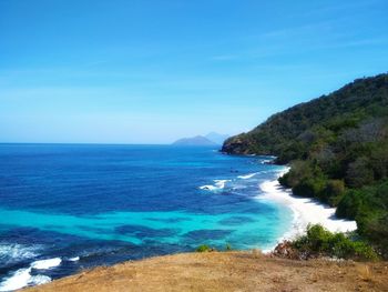 Scenic view of sea against blue sky