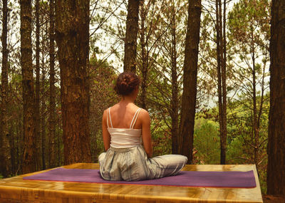 Rear view of woman sitting on tree trunk in forest