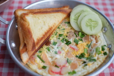 High angle view of breakfast served on table