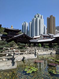 Bridge over river by buildings against clear sky