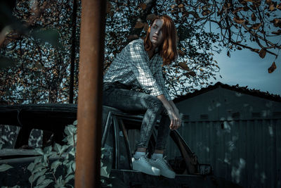 Young woman looking away while sitting on tree