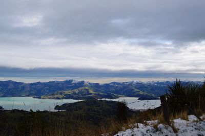 Scenic view of snowcapped mountains against sky