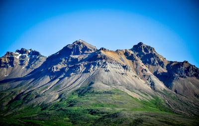 Scenic view of snowcapped mountains against clear blue sky