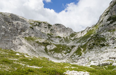 Low angle view of waterfall against sky