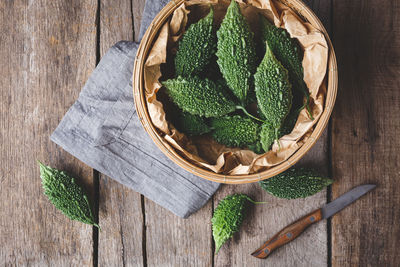 High angle view of vegetables in basket on table