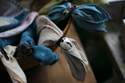 Close up of decorated napkins in wicker basket