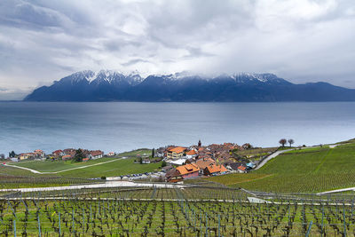 Scenic view of lake and mountains against sky