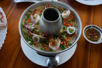 High angle view of food in bowl on table