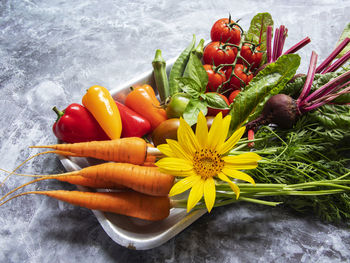 High angle view of yellow chili peppers