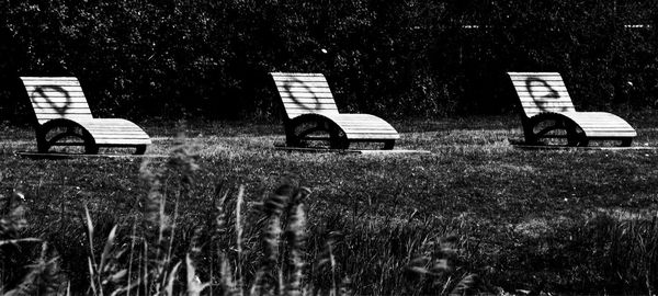 Empty benches on field against trees