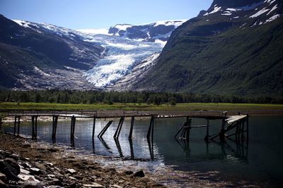 Scenic view of lake and snowcapped mountains against sky