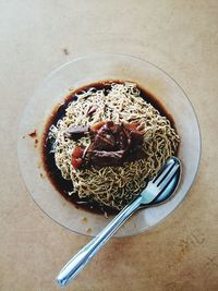 High angle view of food in plate