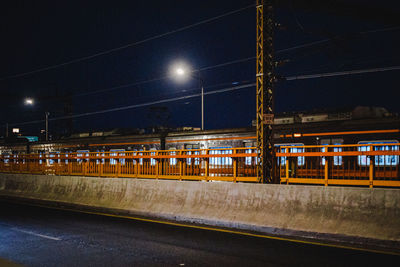 Train on railroad station platform at night