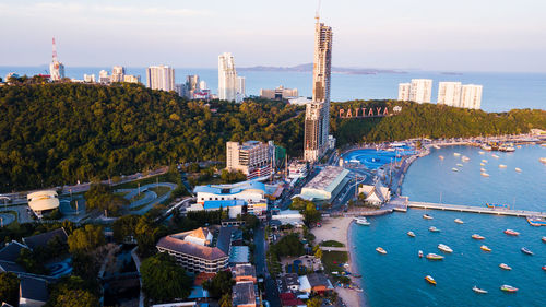 High angle view of city buildings