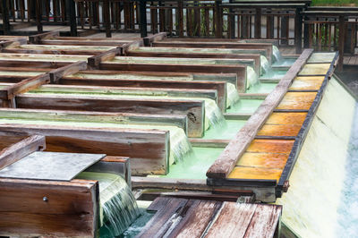 Yubatake hot spring infrastructure with wooden boxes with mineral water. kusatsu, japan