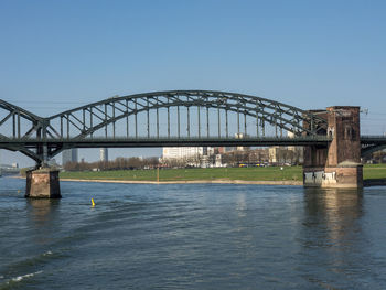 Bridge over river against clear blue sky