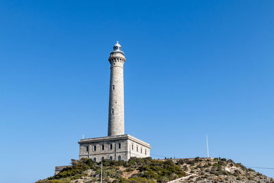 Low angle view of lighthouse against clear blue sky