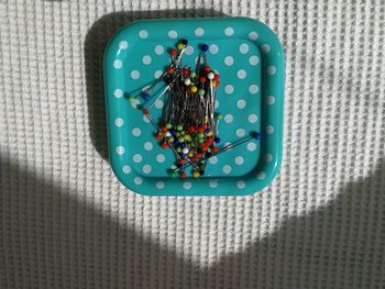 High angle view of mobile phone on table