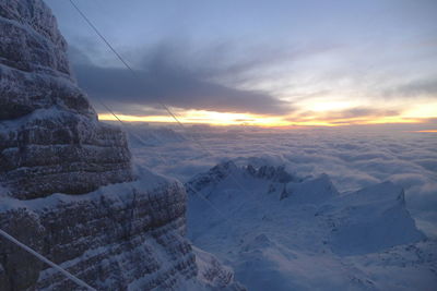 Scenic view of snow covered landscape against sky during sunset