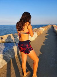 Rear view of woman standing on pier at beach against sky